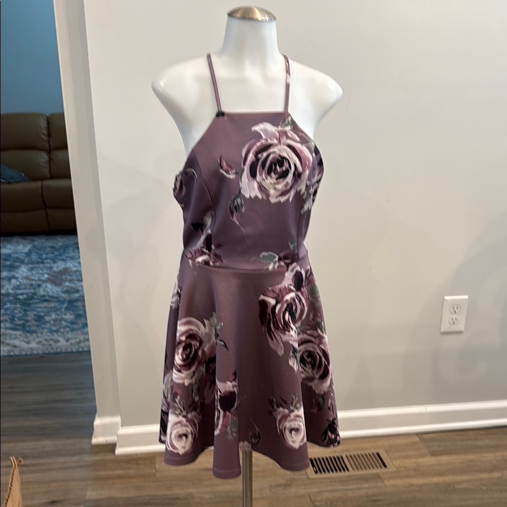 Trac Large Purple Floral Rose Halter Mini Dress